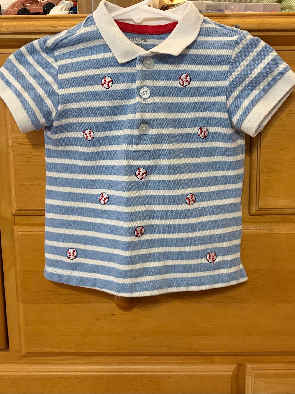 Little Me Boy's Blue and White Striped Shirt w/Baseball Embroidery Size 18 Month